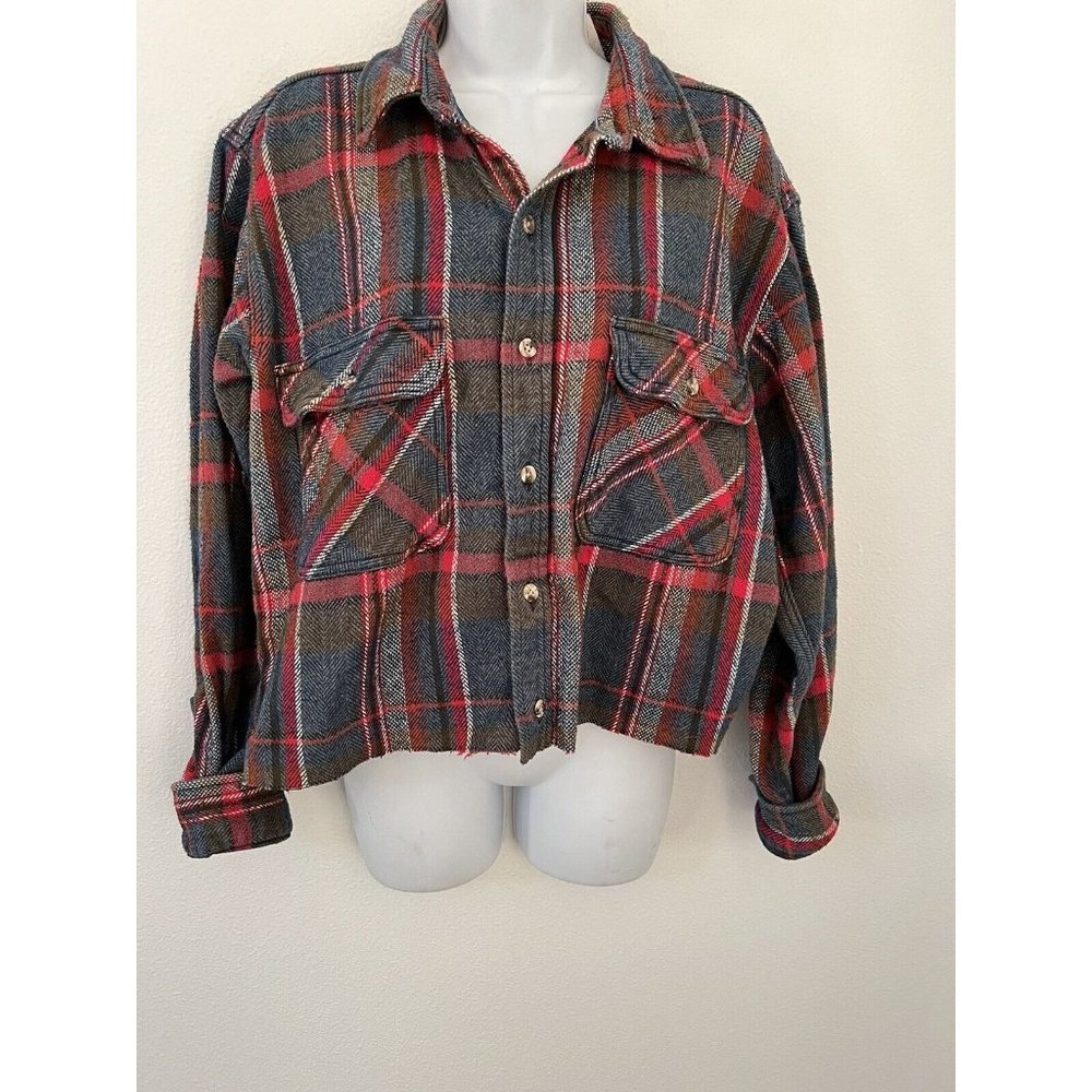 VINTAGE 5 Brother Red Blue Cropped Work Shirt Large Pockets Size Large Grunge
